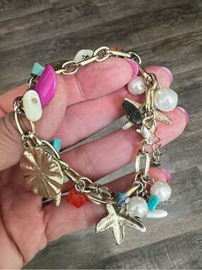 Gold-Tone Beach Nautical Charm Bracelet faux Pearls faux Turquoise Accents